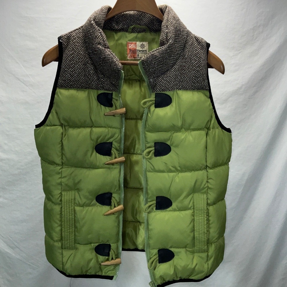 RuffHewn Puffer Vest Herringbone Collar Toggle Front Green Small